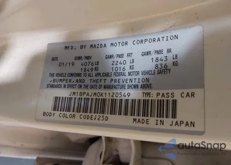 2019 Mazda Mazda3 из США, поврежденный, VIN JM1BPAJM0K1120549